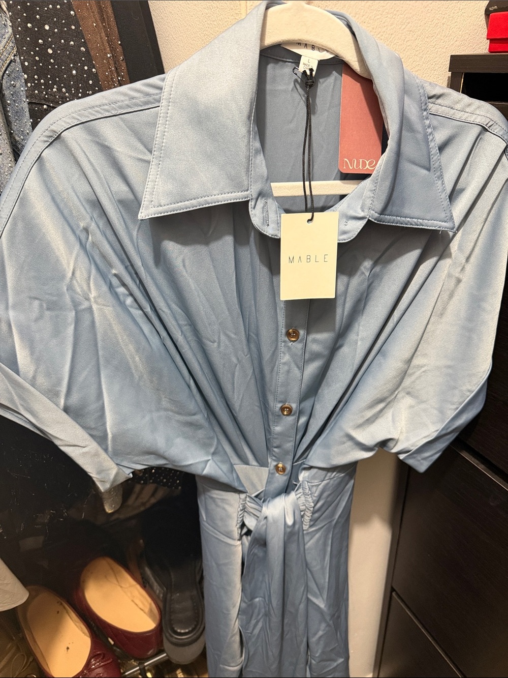 Mable Women's Light Blue Button-Down Tie-Waist Shirt Dress